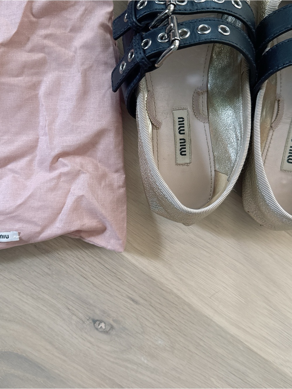 RARE Miu Miu Metallic Leather Ballet Flats with Buckled Straps & Ribbon Laces - Picture 5 of 12